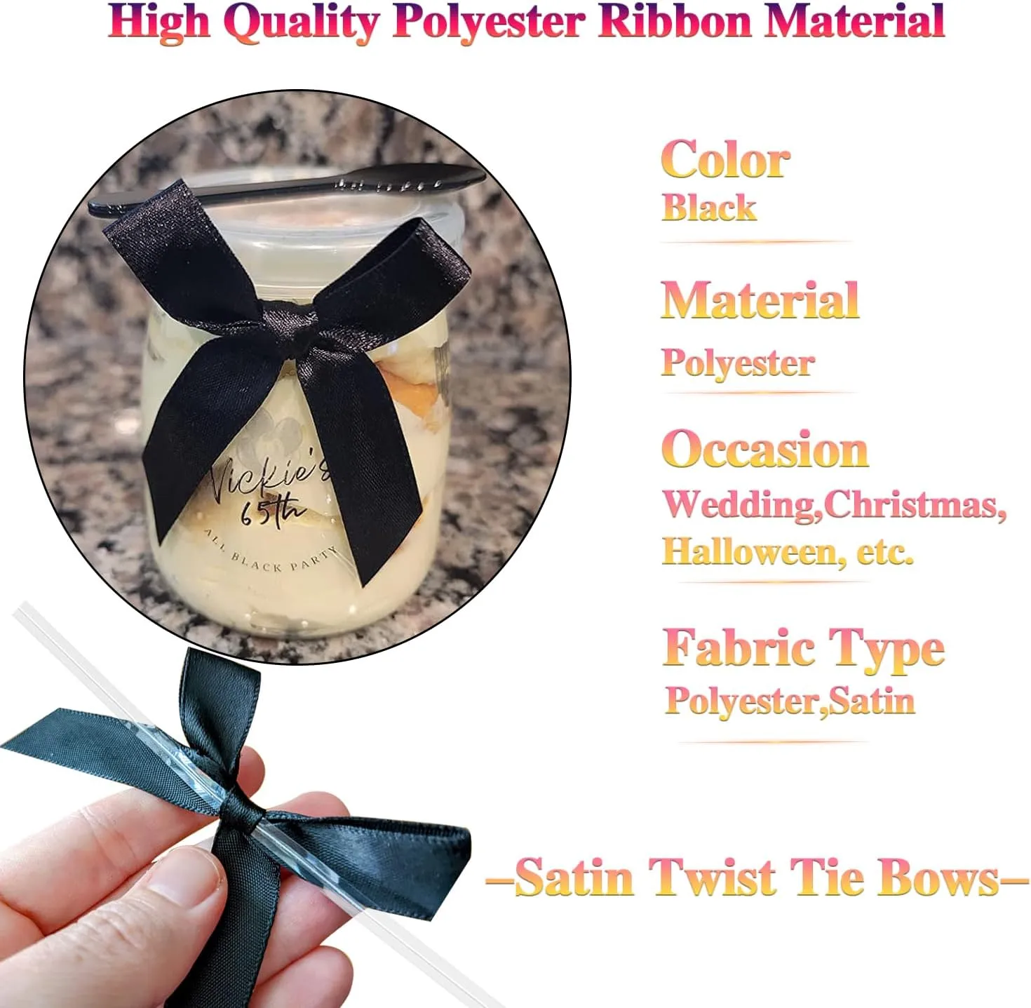 100 Pack Black Satin Ribbon Twist Tie Bows for Treat Bags, Gift Bags, Bakery Candy Bags and Package Decorating Ribbon Bow, Bowknot for Gifts