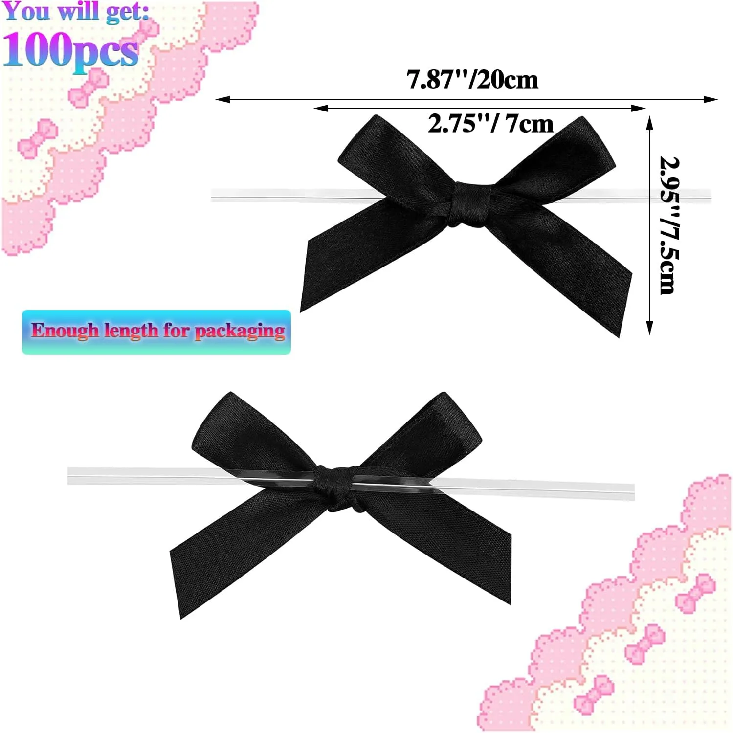 100 Pack Black Satin Ribbon Twist Tie Bows for Treat Bags, Gift Bags, Bakery Candy Bags and Package Decorating Ribbon Bow, Bowknot for Gifts