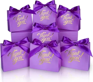 100 Pack Small Thank You Gift Bags, 4.5x1.8x3.9in Party Favor Bags Boxes with Bow Ribbon, Small Paper Gift Bags with Gold Foil Printed, Mini Candy Treat Bags for Birthday Wedding Party Holiday