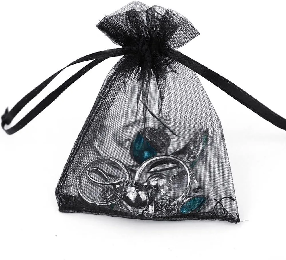 100/200PCS Organza Gift Candy Sheer Bags Mesh Jewelry Pouches Drawstring Bulk for Wedding Party Favors Christmas (4" X 6"(100PCS), Black)