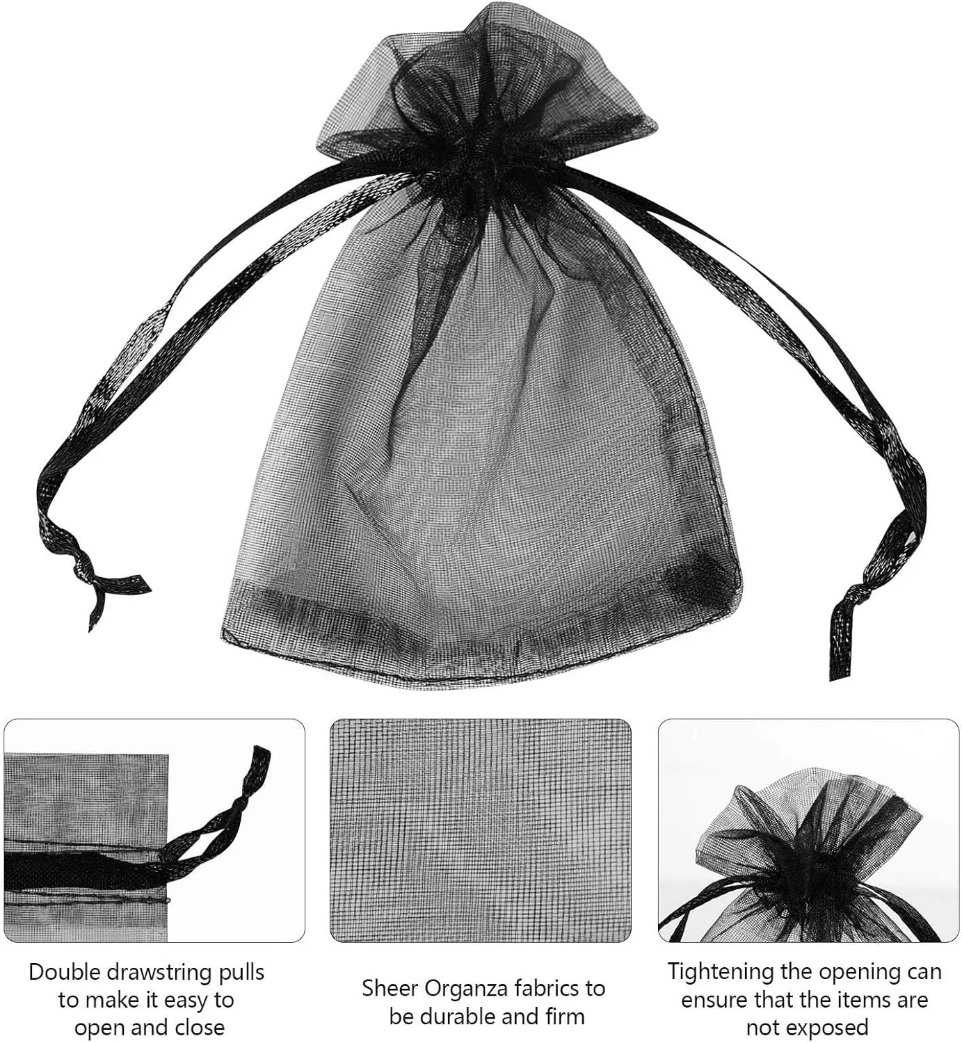 100/200PCS Organza Gift Candy Sheer Bags Mesh Jewelry Pouches Drawstring Bulk for Wedding Party Favors Christmas (4" X 6"(100PCS), Black)