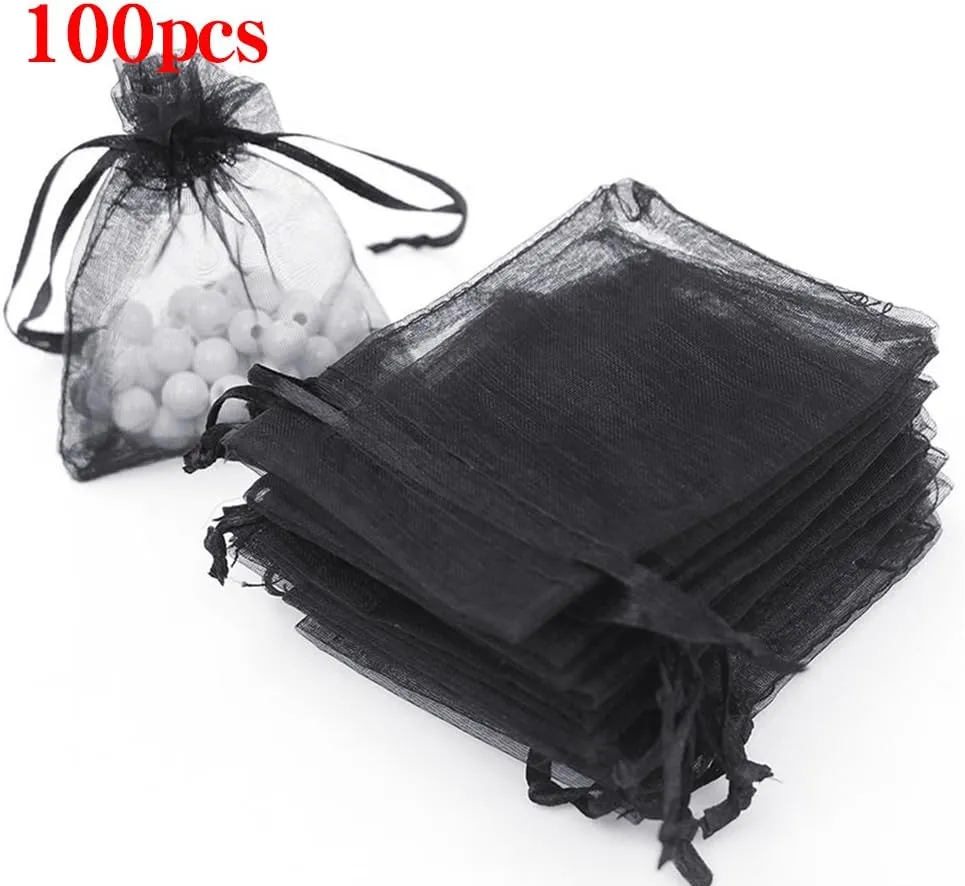 100/200PCS Organza Gift Candy Sheer Bags Mesh Jewelry Pouches Drawstring Bulk for Wedding Party Favors Christmas (4" X 6"(100PCS), Black)