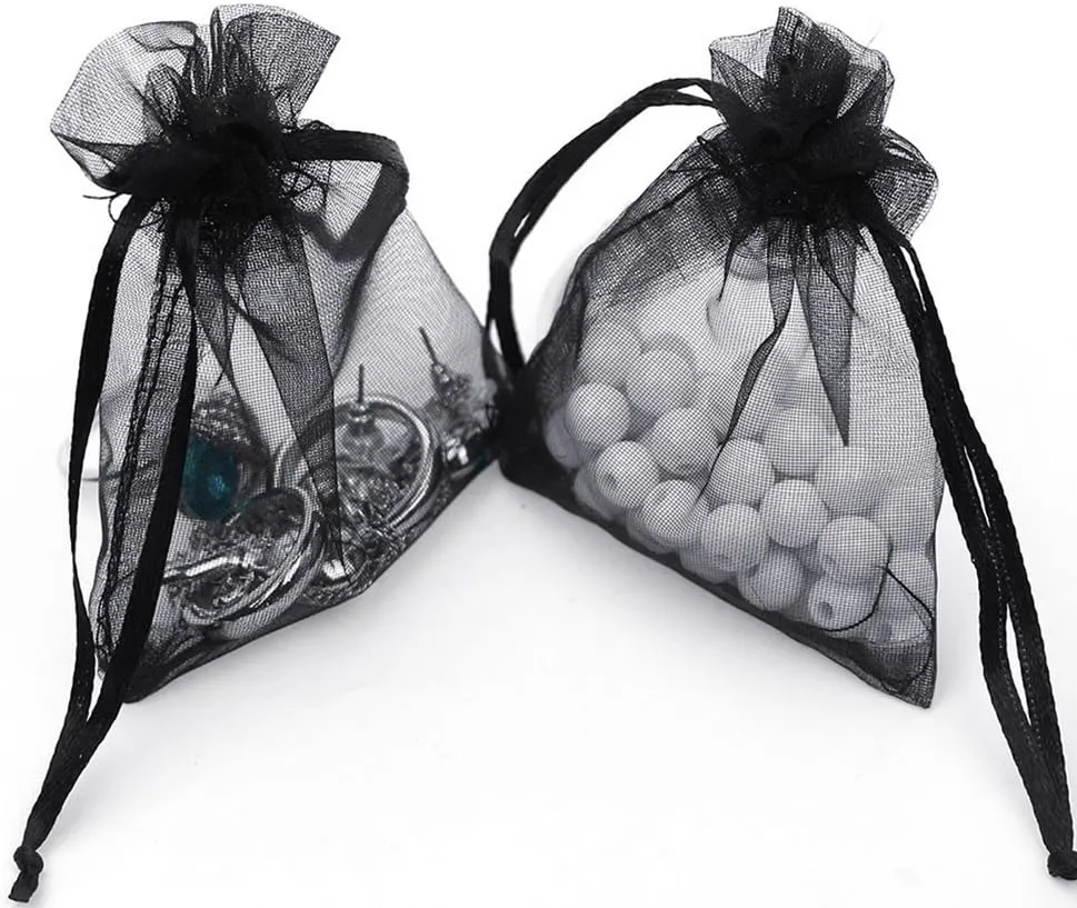 100/200PCS Organza Gift Candy Sheer Bags Mesh Jewelry Pouches Drawstring Bulk for Wedding Party Favors Christmas (4" X 6"(100PCS), Black)