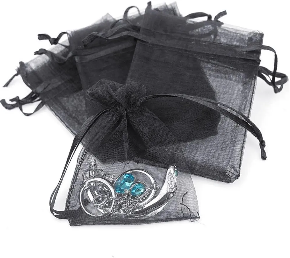100/200PCS Organza Gift Candy Sheer Bags Mesh Jewelry Pouches Drawstring Bulk for Wedding Party Favors Christmas (4" X 6"(100PCS), Black)