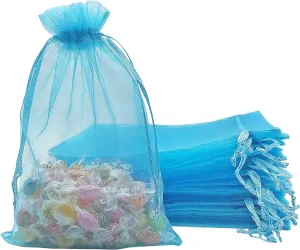100PCS Sheer Organza Bags - 5X7 inches Turquoise Mesh Drawstring Jewelry Gift Bags for Wedding, Birthday, Shower & Party Favors