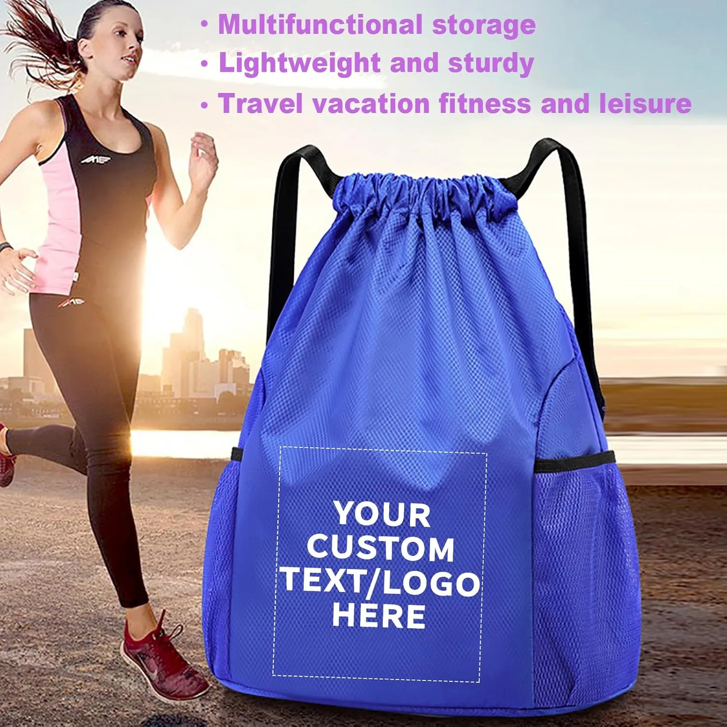 12 PCS Custom Drawstring Backpacks – Personalized Cinch Bags with Logo or Design, Waterproof, Adjustable Straps, Bulk Pack for Branding, Gym, Travel, or Promotions (Custom - Blue, 12 bags)