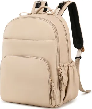 14 Pockets Diaper Bag Backpack, Lightweight Water-Resistant, Anti-Theft Pocket and Stroller Clips (Faux Leather, Light-beige)