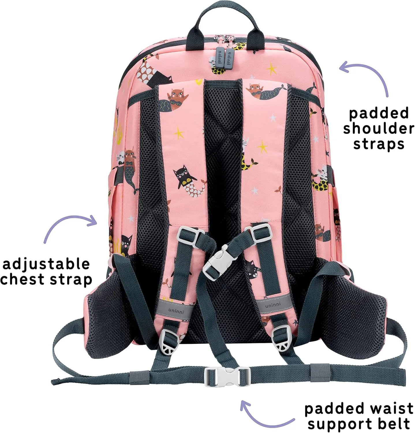 16" Kid's Backpack for Girls and Boys Age 6  with Padded, and Adjustable Shoulder Straps. Fits for Height 3'9" Above Kids (Cat Mermaid Pink)