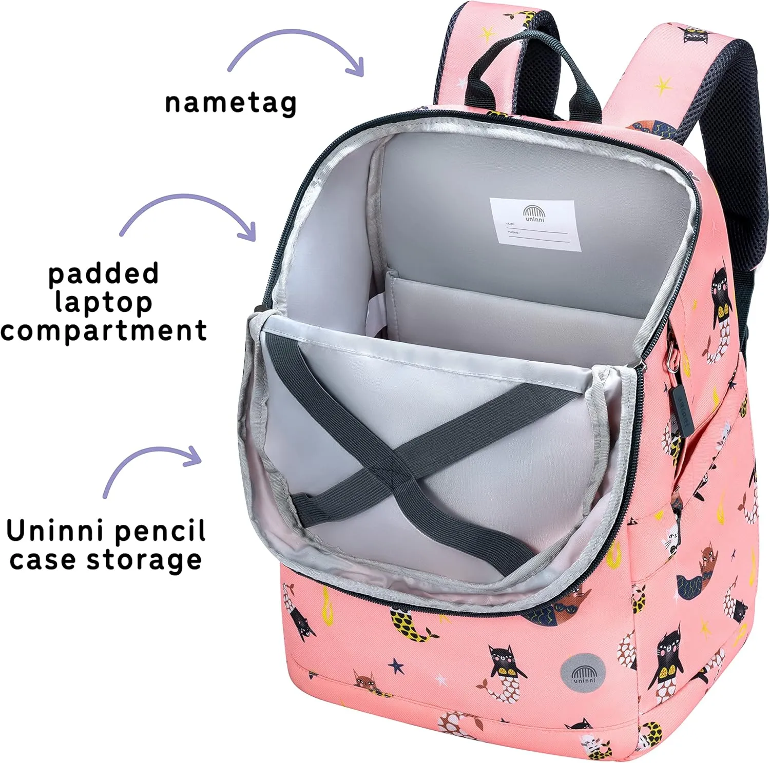 16" Kid's Backpack for Girls and Boys Age 6  with Padded, and Adjustable Shoulder Straps. Fits for Height 3'9" Above Kids (Cat Mermaid Pink)