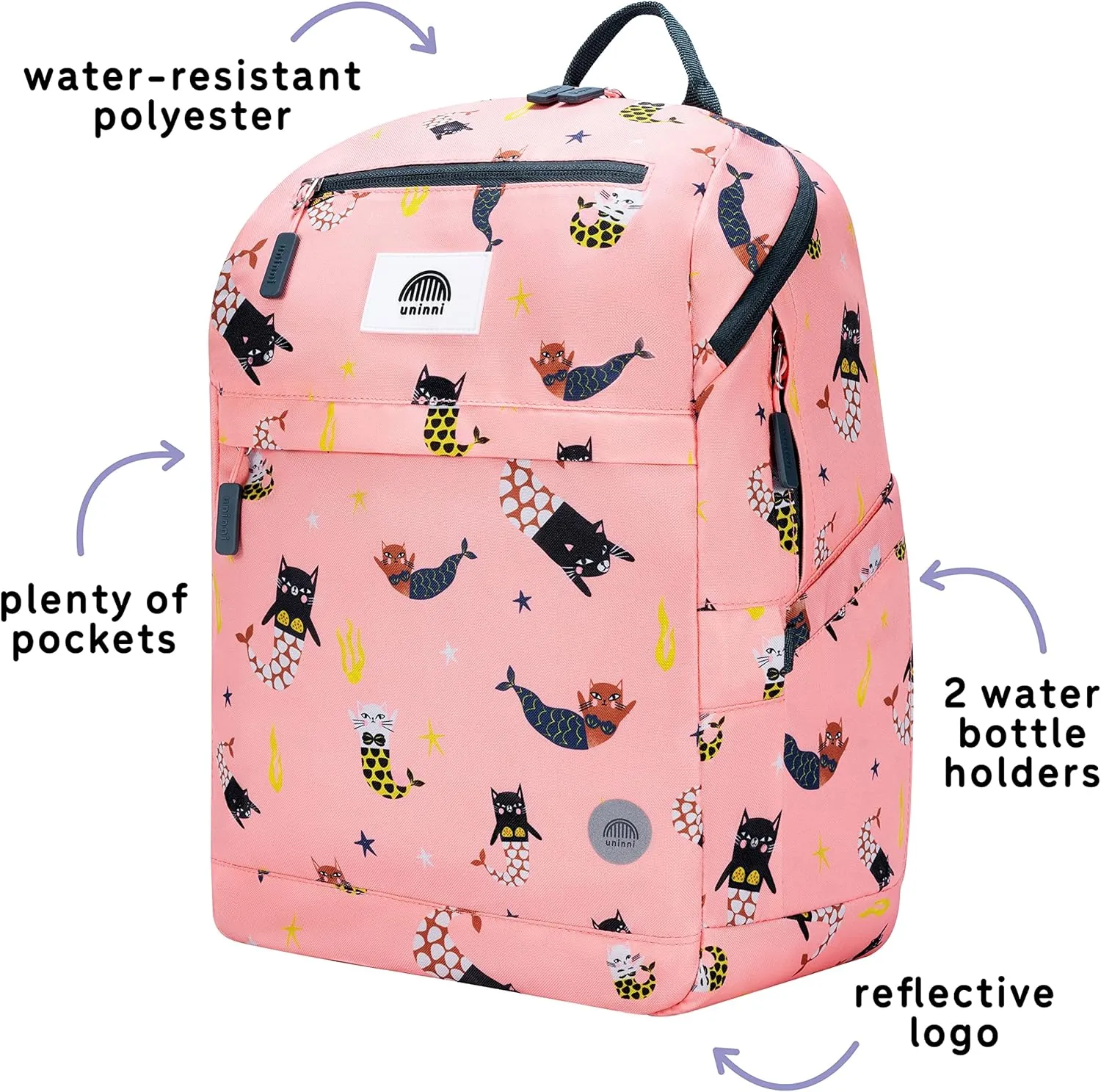 16" Kid's Backpack for Girls and Boys Age 6  with Padded, and Adjustable Shoulder Straps. Fits for Height 3'9" Above Kids (Cat Mermaid Pink)