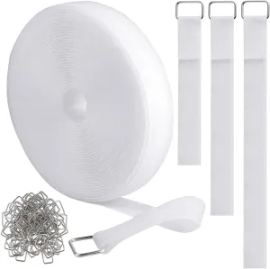 1"x32ft Hook and Loop Straps with 50 Metal Buckles, Adjustable Fastening Cable Straps, Cut-to-Length Cinch Strap, Reusable Nylon Securing Cord Ties for Organizer or Storage, 1 inch Wide, White