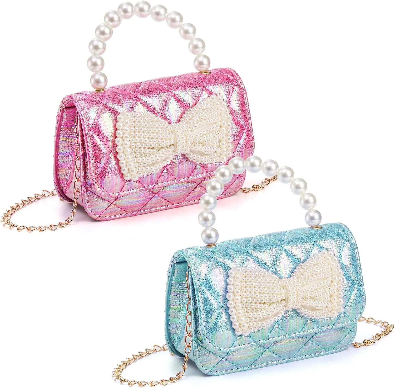 2 Pack Girls Princess Purses, Sparkly Bow Handbags with Pearl Handle Detachable Chain, Small Cute Crown Crossbody Shoulder Bag for Toys Gifts