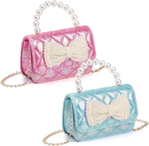 2 Pack Girls Princess Purses, Sparkly Bow Handbags with Pearl Handle Detachable Chain, Small Cute Crown Crossbody Shoulder Bag for Toys Gifts