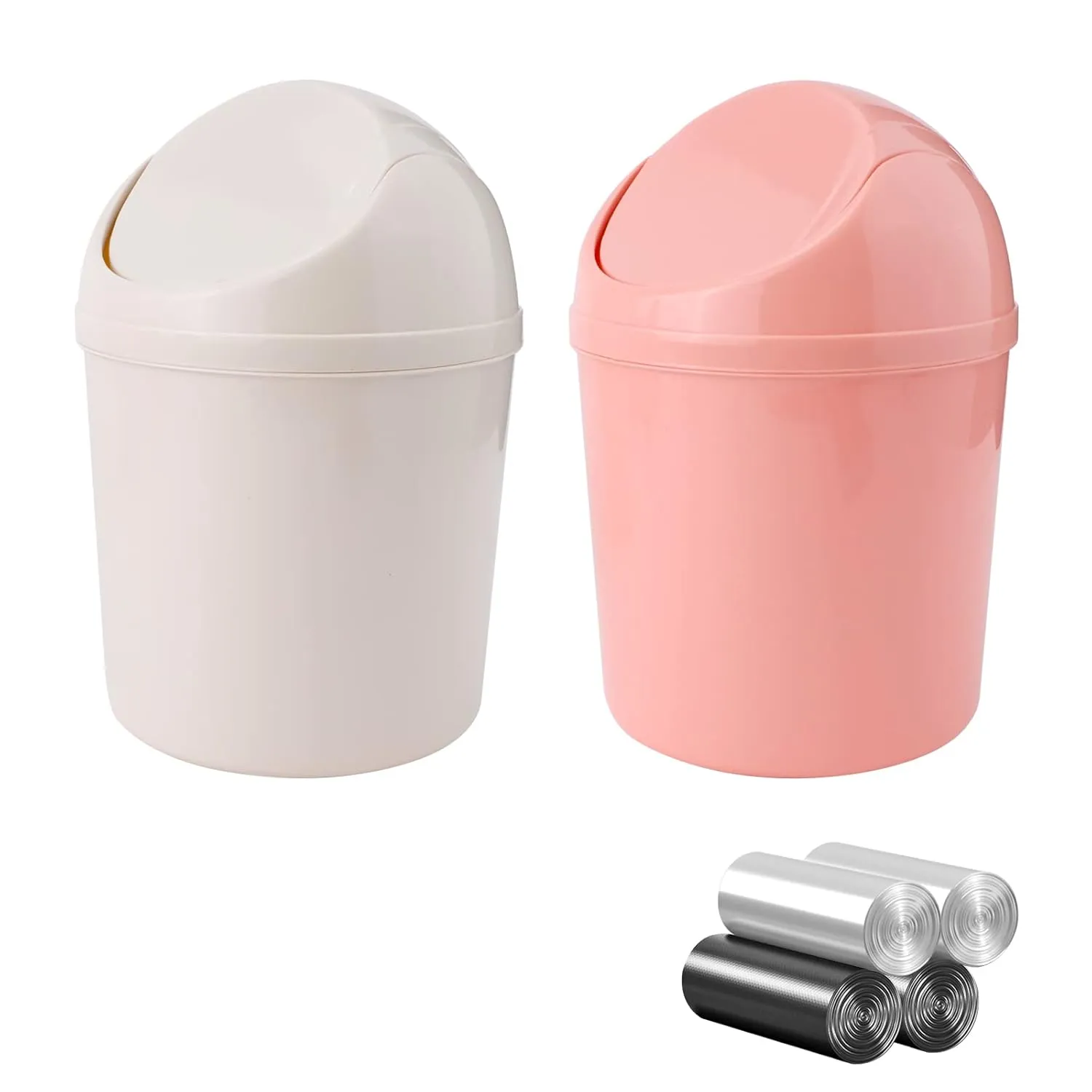 2 Pcs Plastic Mini Wastebasket Trash Can with Swing Lid with 120 Trash Bags, Tiny Desktop Waste Garbage Bin for Home, Office, Kitchen, Vanity Tabletop, Bedroom, Bathroom (Pink   Beige)
