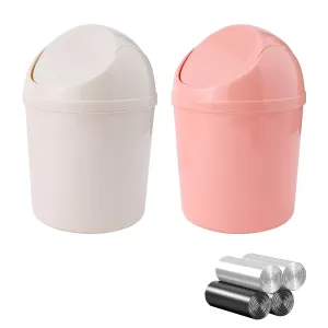 2 Pcs Plastic Mini Wastebasket Trash Can with Swing Lid with 120 Trash Bags, Tiny Desktop Waste Garbage Bin for Home, Office, Kitchen, Vanity Tabletop, Bedroom, Bathroom (Pink   Beige)