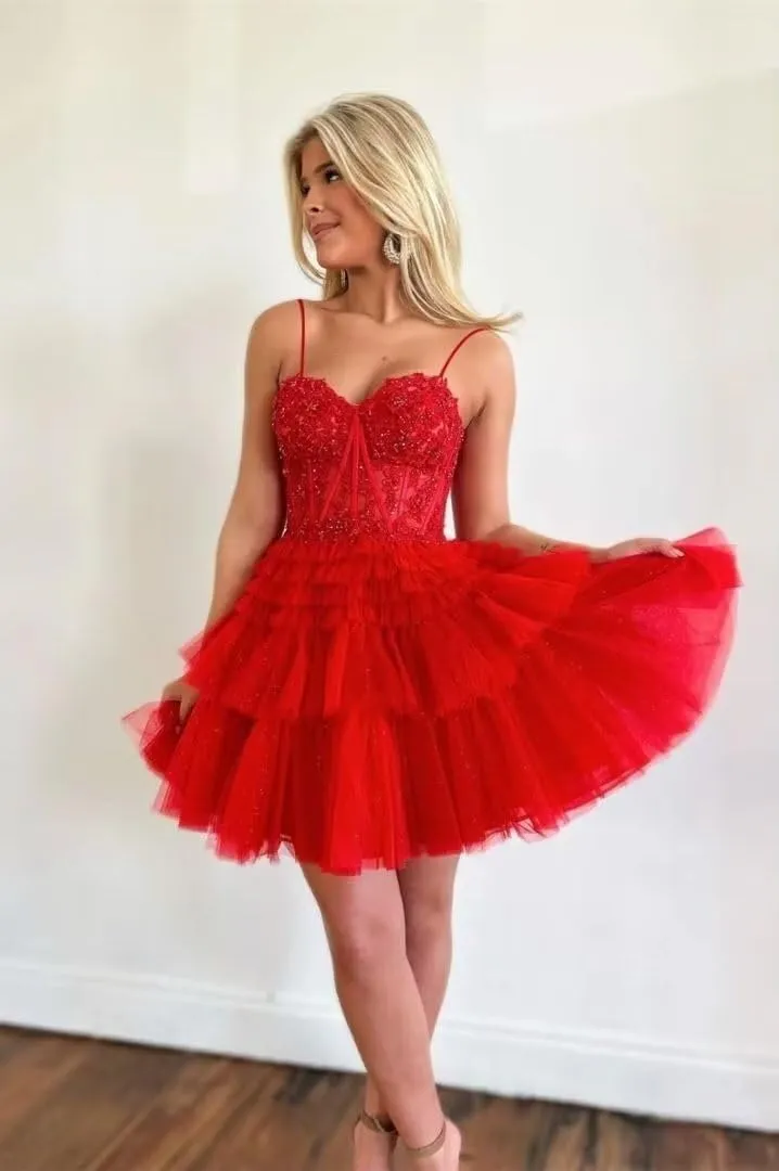 2024 Short Homecoming Dresses Spaghetti Straps Puffy Glitter Tulle Prom Gown Applique Sweetheart Cocktail Dress RQ026