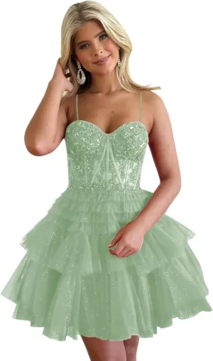 2024 Short Homecoming Dresses Spaghetti Straps Puffy Glitter Tulle Prom Gown Applique Sweetheart Cocktail Dress RQ026