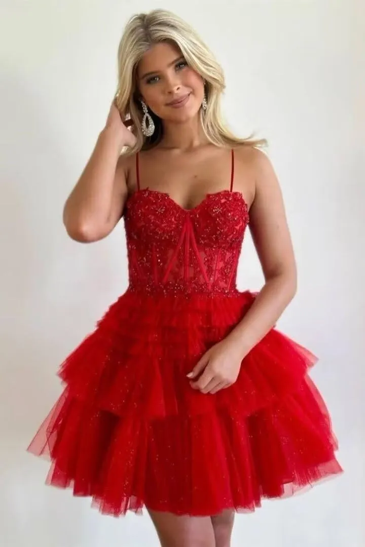 2024 Short Homecoming Dresses Spaghetti Straps Puffy Glitter Tulle Prom Gown Applique Sweetheart Cocktail Dress RQ026