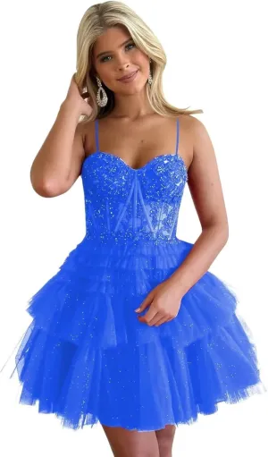 2024 Short Homecoming Dresses Spaghetti Straps Puffy Glitter Tulle Prom Gown Applique Sweetheart Cocktail Dress RQ026