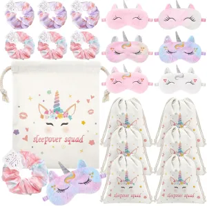 24 Pcs Unicorn Sleepover Party Supplies for Women Spa Birthday Party Favors 6 Satin Eye Mask 6 Hair Scrunchies with Card 6 Printed Bags for Washing Sleeping Single Slumber