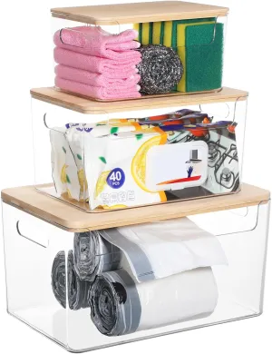 3 Pack Trash Bag Holder 3 Sizes Acrylic Garbage Bag Dispenser with Bamboo Lid and Handles Plastic Storage for Kitchen Pantry Laundry Room Organization