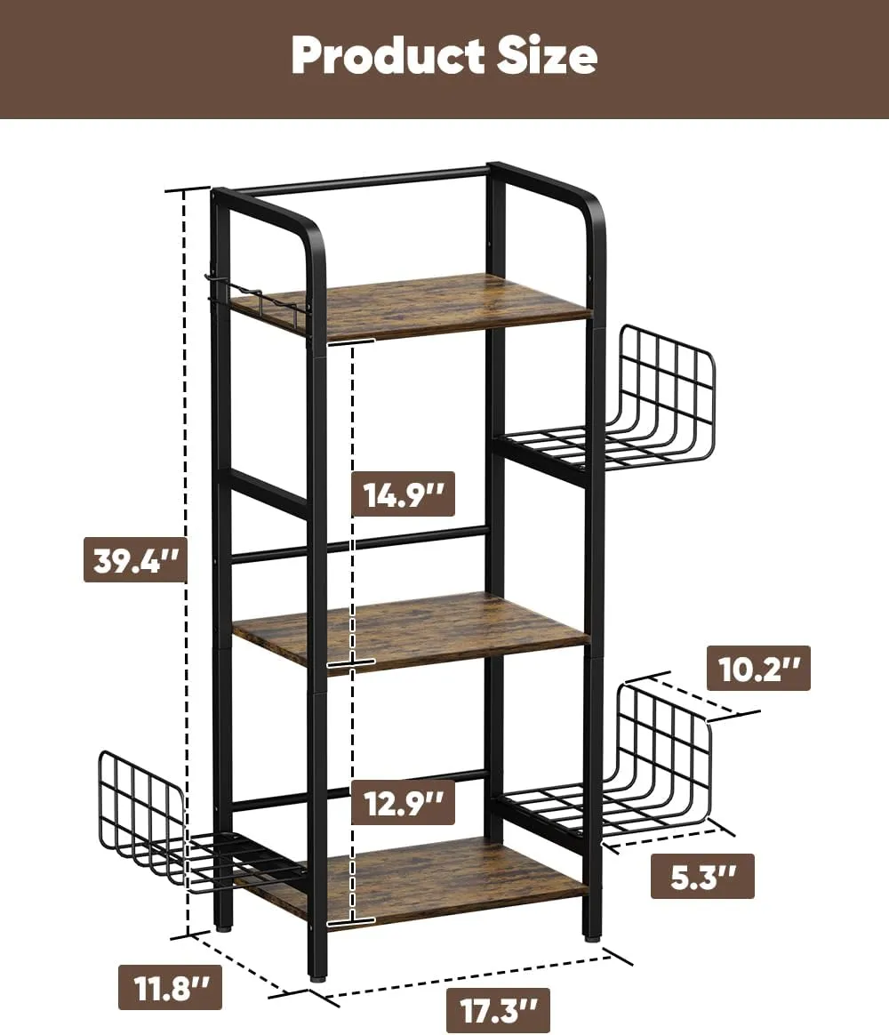3-Tier Purse Organizer Rack, Iron & Wood Floor-Standing Bag Storage Holder with Adjustable Side Basket and Hook Handbag Organizers Display Stand Shelf for Closet, Bedroom, Entryway, Black