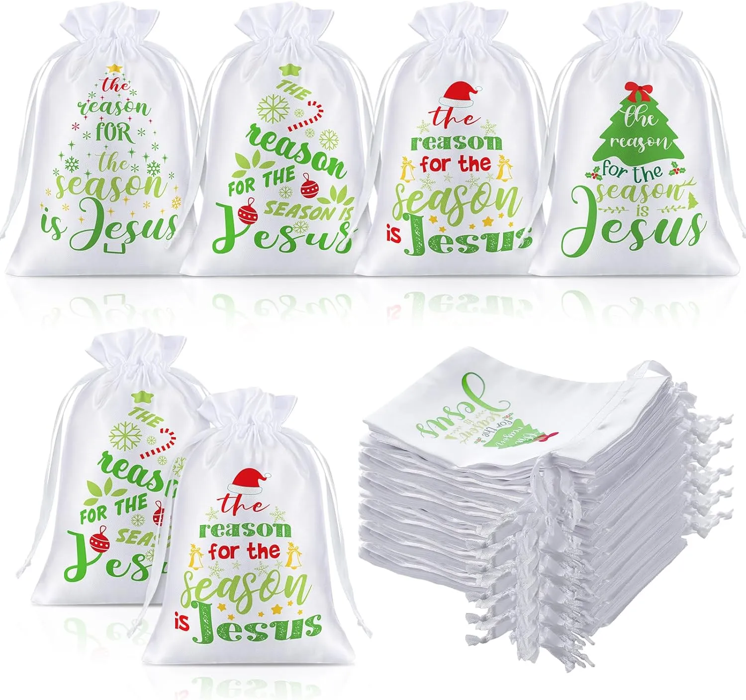 35 Pcs Religious Christmas Gift Bags Satin 4 X 6 Inch Jesus is the Reason for the Season Christian Christmas Tree Drawstring Bag Candy Goodie Bag for Church Sunday School Holiday Party Favor
