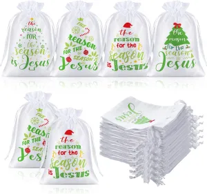 35 Pcs Religious Christmas Gift Bags Satin 4 X 6 Inch Jesus is the Reason for the Season Christian Christmas Tree Drawstring Bag Candy Goodie Bag for Church Sunday School Holiday Party Favor