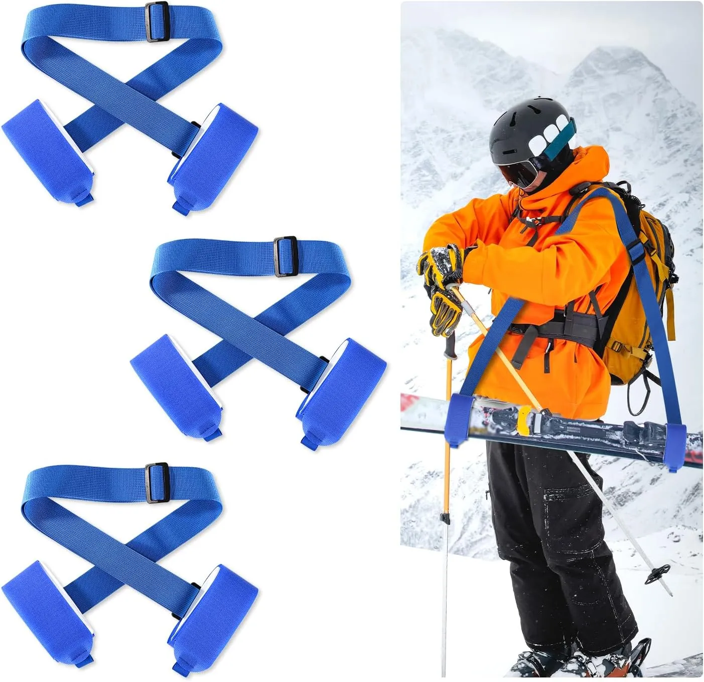 3pcs Ski Shoulder Straps, Adjustable Ski Carrier Straps Ski Pole Straps Ski Bag Fastener Straps Snowboard Leash/Band/Sling with Protective Pads Skate Ski Boot Straps for Winter Sports Accessories