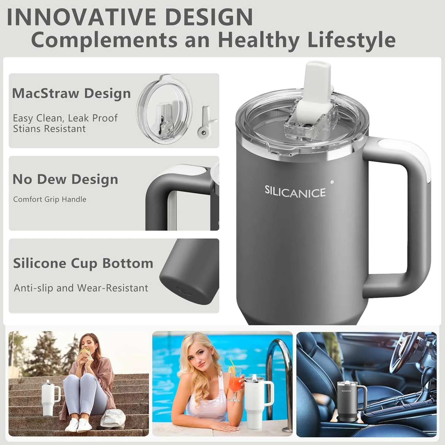 40oz Stainless Steel Insulated Tumbler,100% Leakproof Lid & Detachable Straw, Easy Clean,Stain-Resistant, Durable-Coat ,Ergonomic Grip handle, Car Holder/Bag Friendly for Travel/Gym/School (grey)