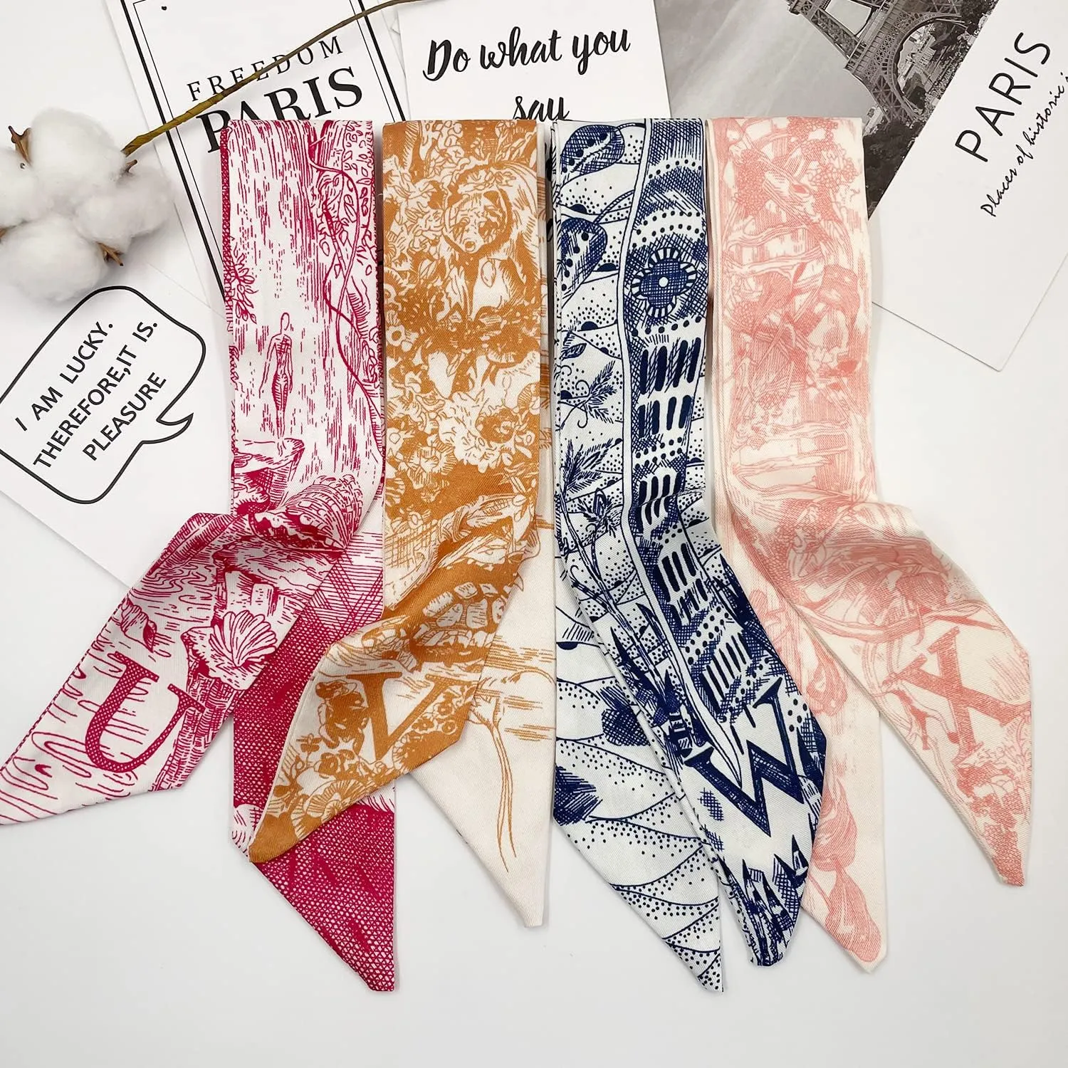 4pcs Purse Scarf For Handbags Silk Head Scarf For Hair Fashion Skinny Scarf For Women Long Neckerchief