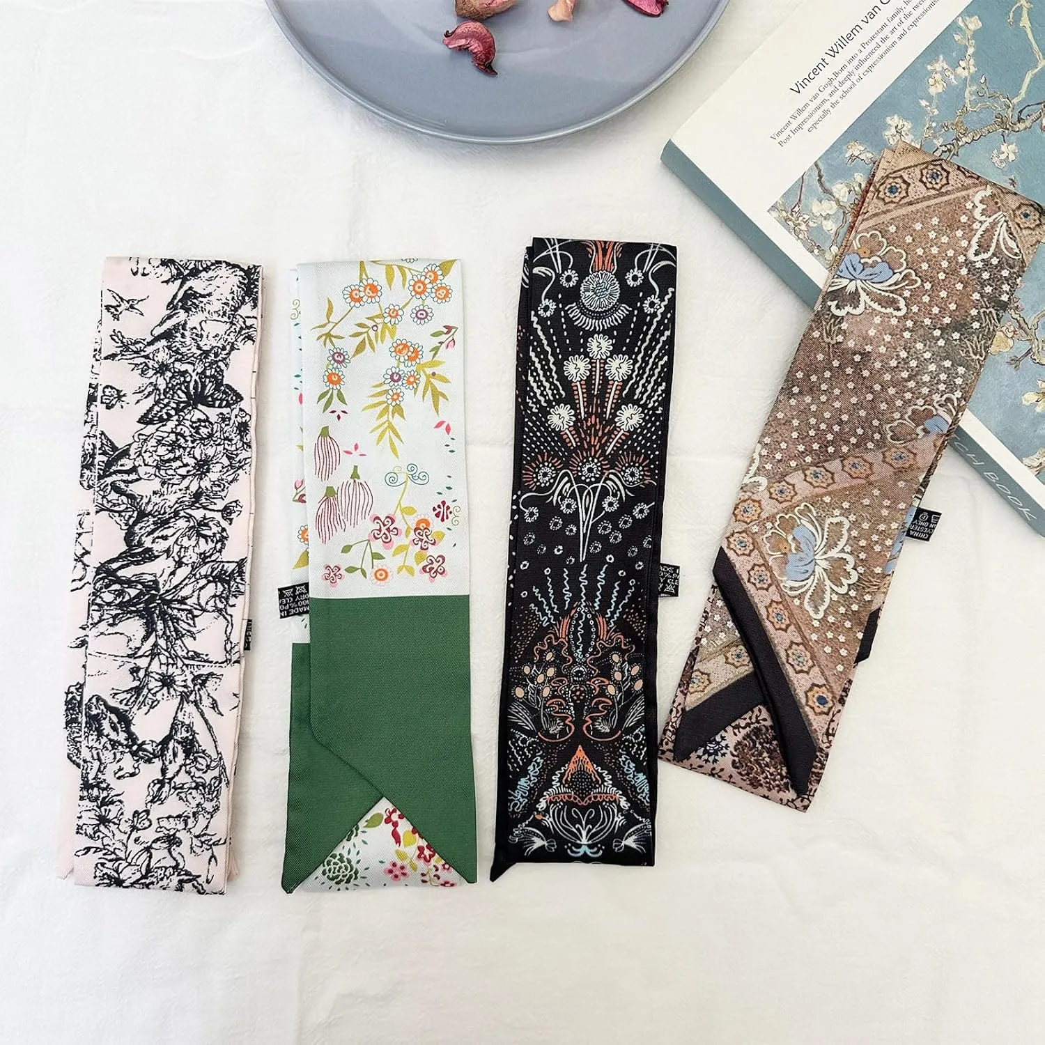 4pcs Purse Scarf For Handbags Silk Head Scarf For Hair Fashion Skinny Scarf For Women Long Neckerchief