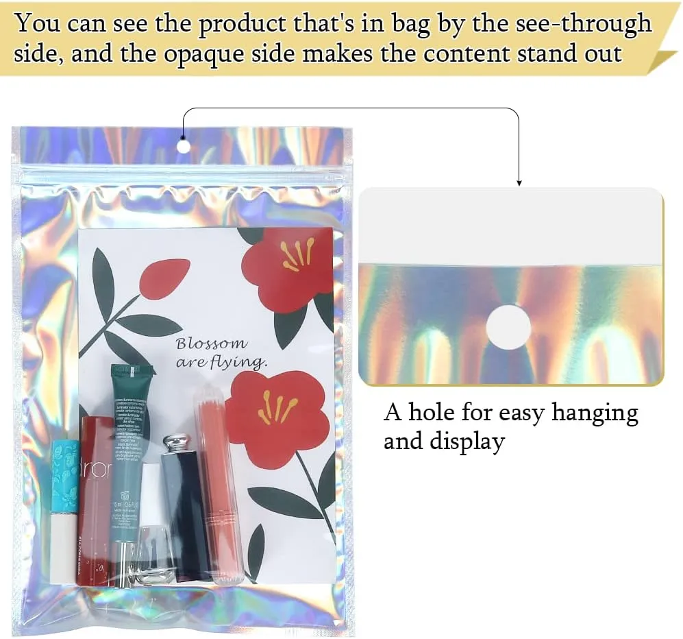 50pcs Holographic Mylar Bags 8x12 inch, Resealable Foil Zip Pouch Smell Proof Baggies for Packaging Products Samples Food Storage