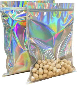 50pcs Holographic Mylar Bags 8x12 inch, Resealable Foil Zip Pouch Smell Proof Baggies for Packaging Products Samples Food Storage