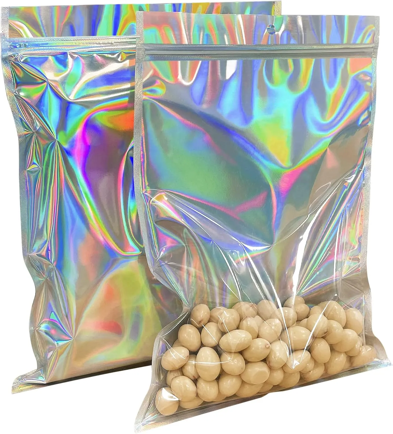 50pcs Holographic Mylar Bags 8x12 inch, Resealable Foil Zip Pouch Smell Proof Baggies for Packaging Products Samples Food Storage