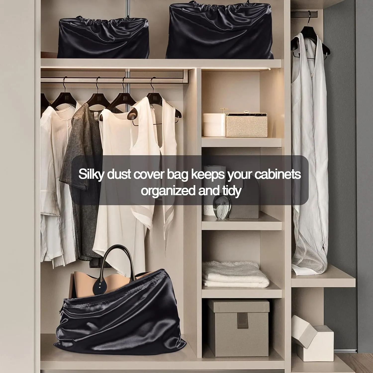 6 Pack Silky Dust Bags for Handbags, Black Satin Dust Cover Bag Silk Drawstring Bag Handbag Protector Travel Storage Pouch for Purse Shoes Boots(19.6 x 15.7 In   23.6 x 19.6 In)