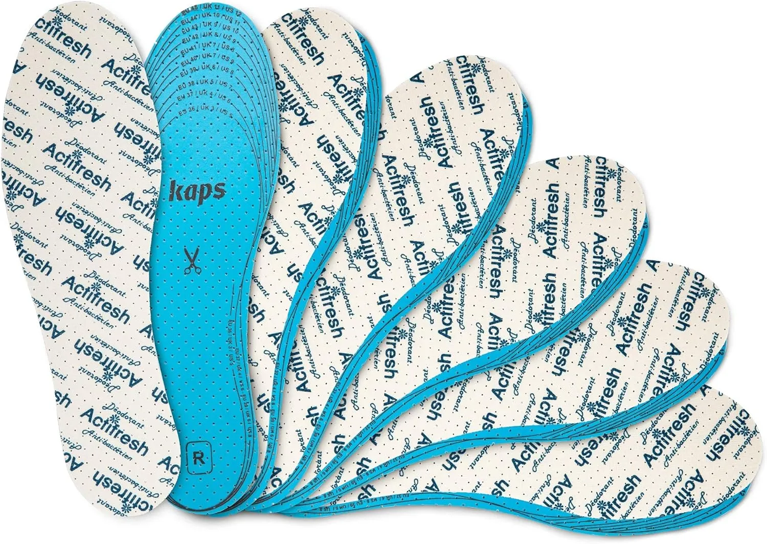 6 Pairs Kaps Actifresh Shoe Insoles Inserts, Odor Control Freshness Technology Developed in Switzerland by Sanitized, Triple Layer, Cushioning Soft Latex, Cut to Fit, Universal Size Unisex