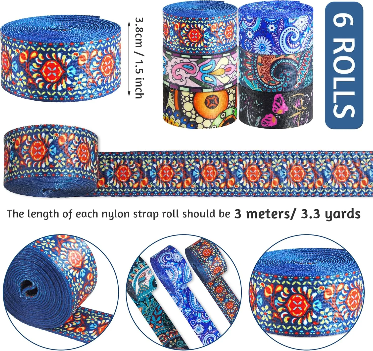 6 Rolls 1.5 inch Persian Nylon Webbing Belt Webbing Straps Purse Straps Backpack Straps Nylon Belt with Patterns for Seatbelt, Bags, Backpacks, Handles, Luggage