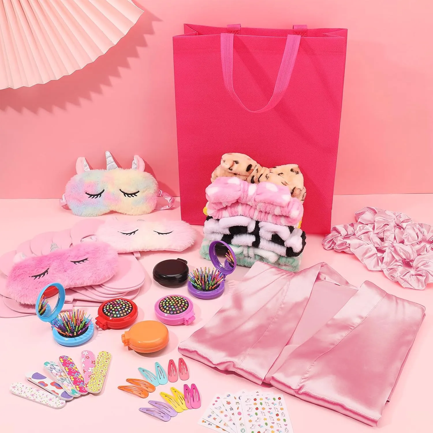 60 PCS Spa Party Favors for Girls Sleepover Party Supplies Robes Spa Headband Slippers Nail Files Decals