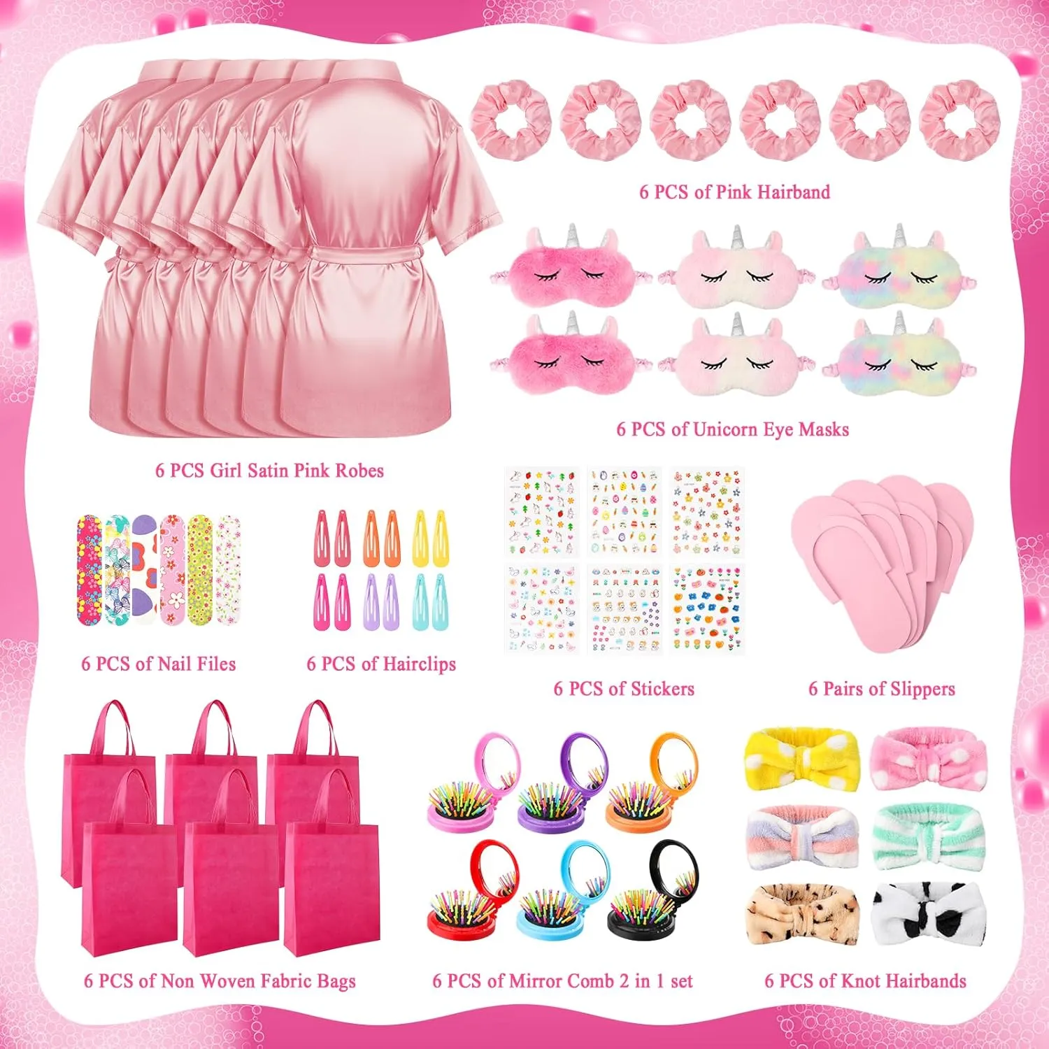 60 PCS Spa Party Favors for Girls Sleepover Party Supplies Robes Spa Headband Slippers Nail Files Decals