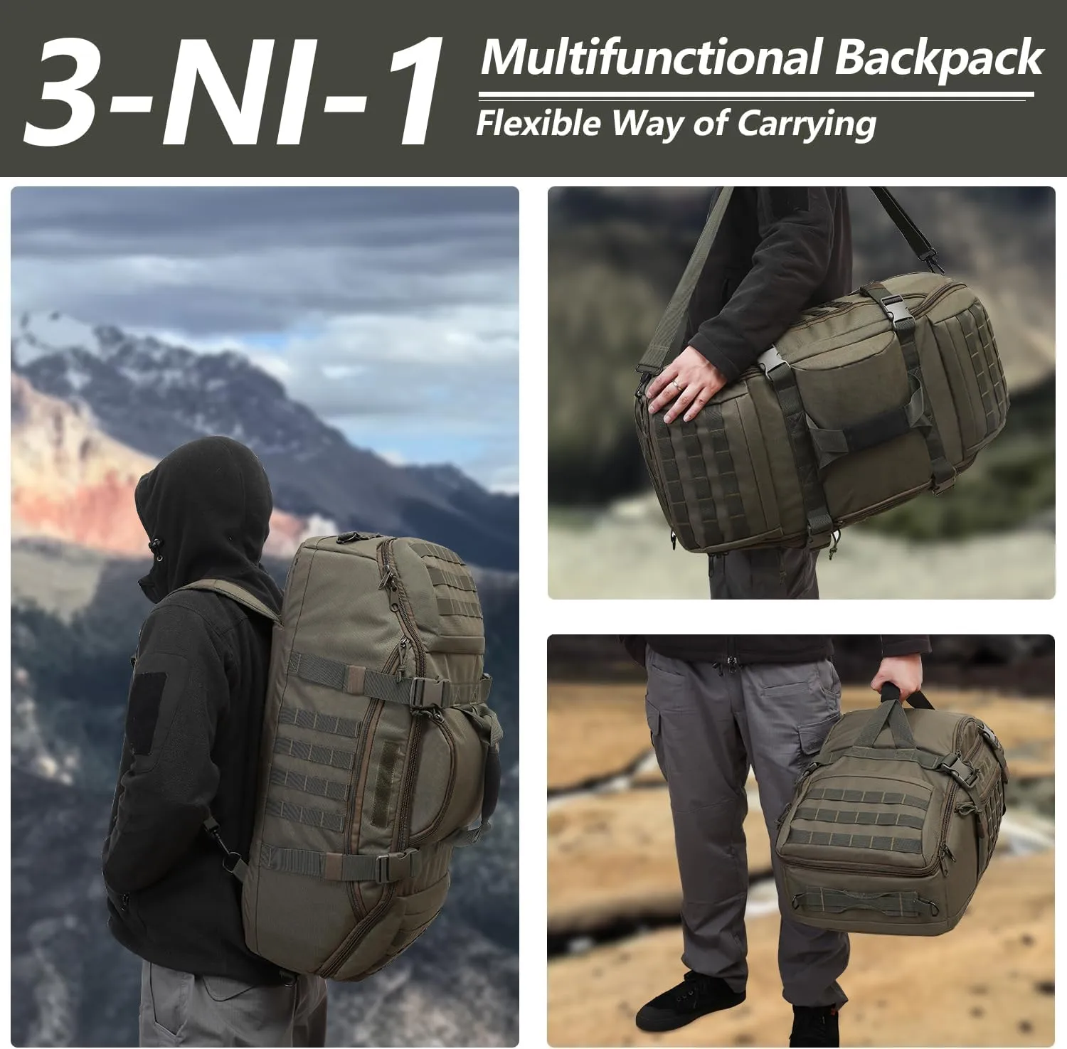65L Large Duffle Bag, 3-in-1 Tactical Backpack MOLLE Pack for Sports, Gym, Outdoor, Olive Green