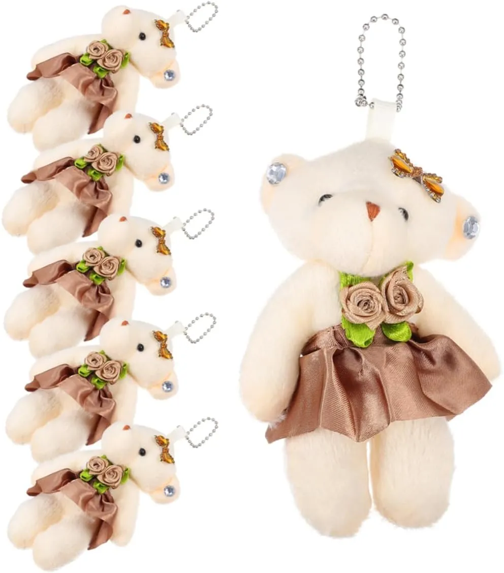 6Pcs Lovely Tiny Bears Plush Dolls for Keychain Bag Handbag Hanging Decor Cute Wedding Bouquet Accessories Miniature Stuffed Bear Pendant