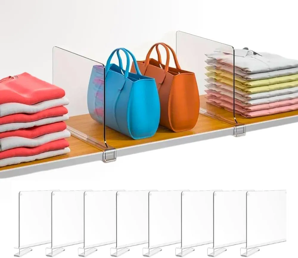 8-Pack Acrylic Shelf Dividers, Clear Closet Shelf Dividers , Vertical Purse Organizer Perfect for Sweater, Shirts, Handbags in Bedroom and Kitchen, Adjustable Acrylic Bookshelf for Organization