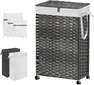 88L Slim Laundry Hamper with Wheels, 23.3 Gallon Rolling Laundry Basket with Lid, Tall and Narrow Laundry Hamper with 2 Removable Liner & 3 Mesh Laundry Bags, Laundry Sorter for Bathroom, Grey