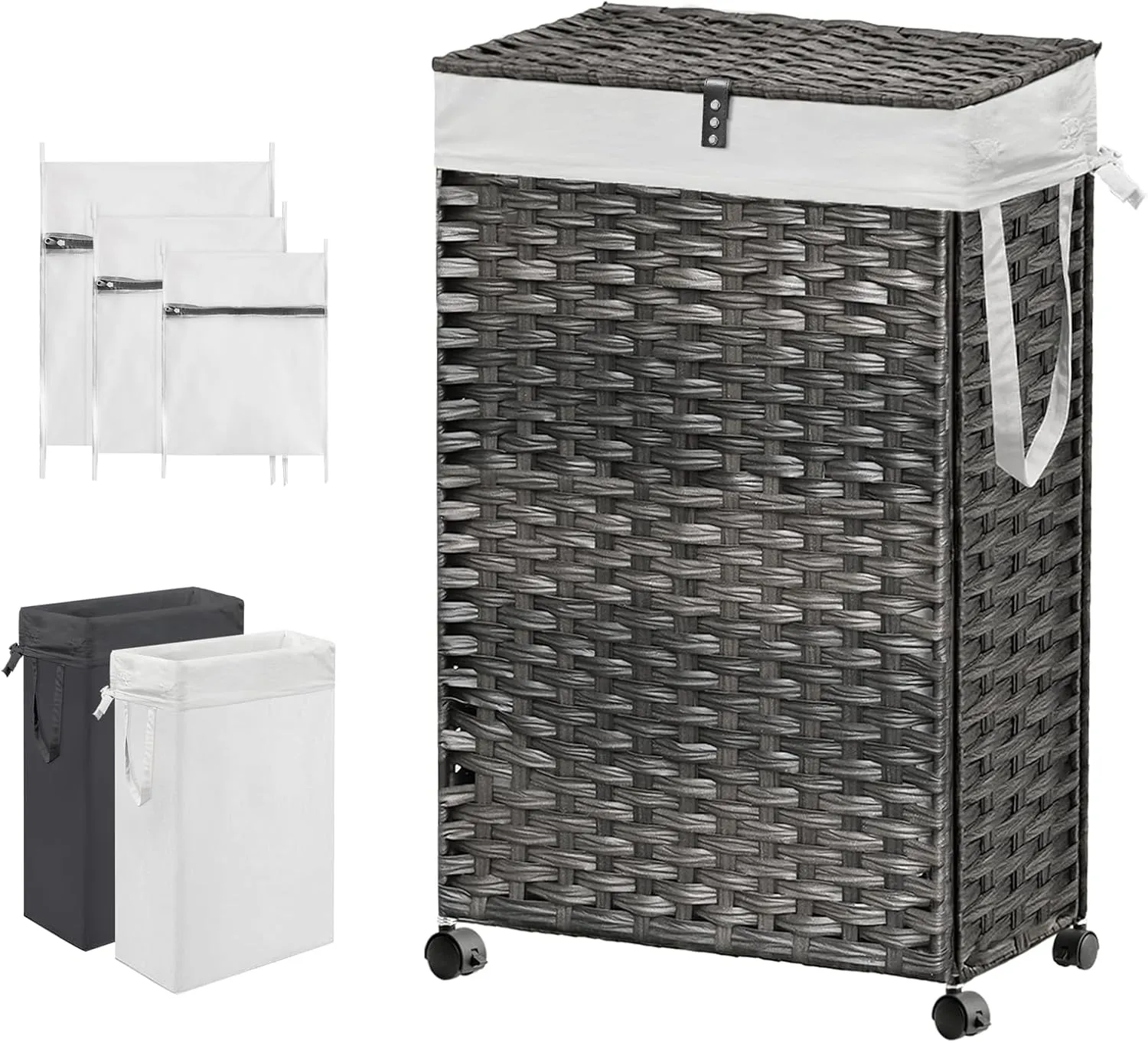 88L Slim Laundry Hamper with Wheels, 23.3 Gallon Rolling Laundry Basket with Lid, Tall and Narrow Laundry Hamper with 2 Removable Liner & 3 Mesh Laundry Bags, Laundry Sorter for Bathroom, Grey