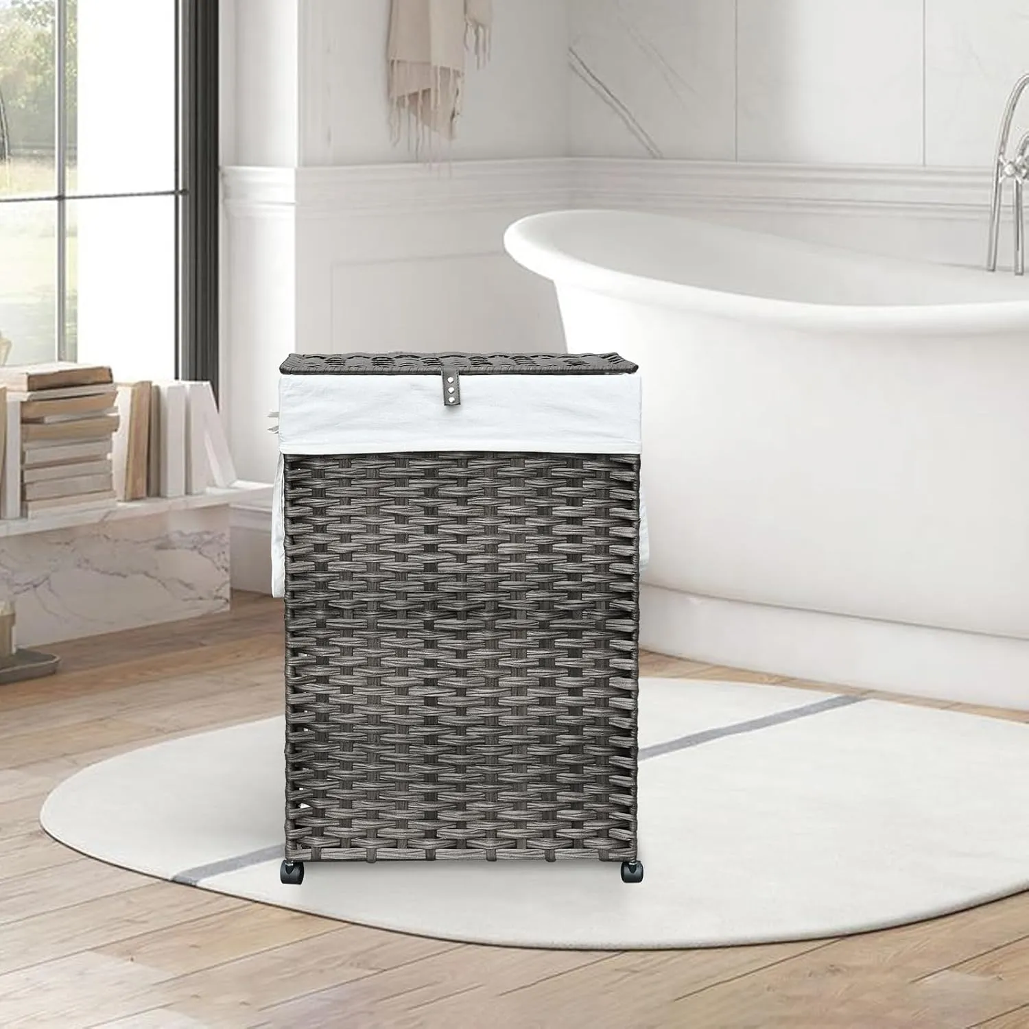 88L Slim Laundry Hamper with Wheels, 23.3 Gallon Rolling Laundry Basket with Lid, Tall and Narrow Laundry Hamper with 2 Removable Liner & 3 Mesh Laundry Bags, Laundry Sorter for Bathroom, Grey