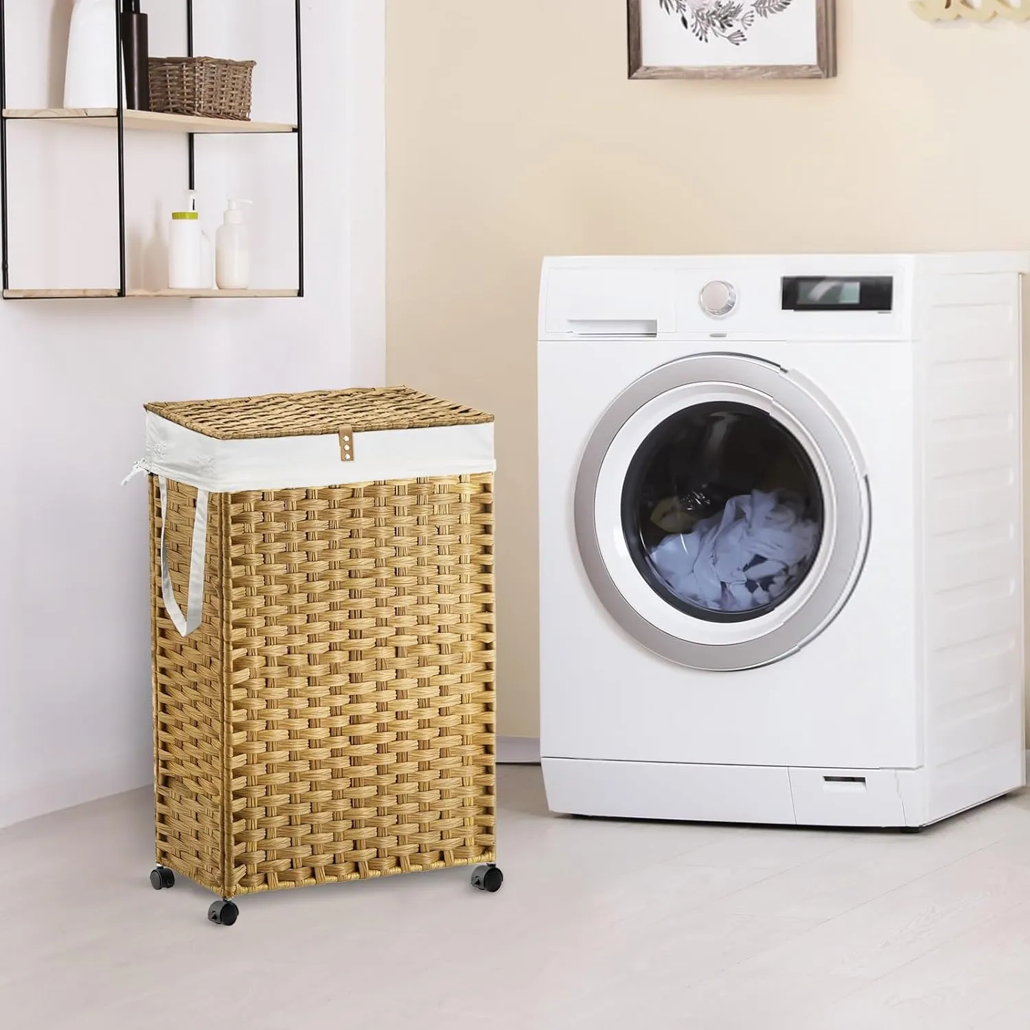 88L Slim Laundry Hamper with Wheels, 23.3 Gallon Rolling Laundry Basket with Lid, Tall and Narrow Laundry Hamper with 2 Removable Liner & 3 Mesh Laundry Bags, Laundry Sorter for Bathroom, Natural