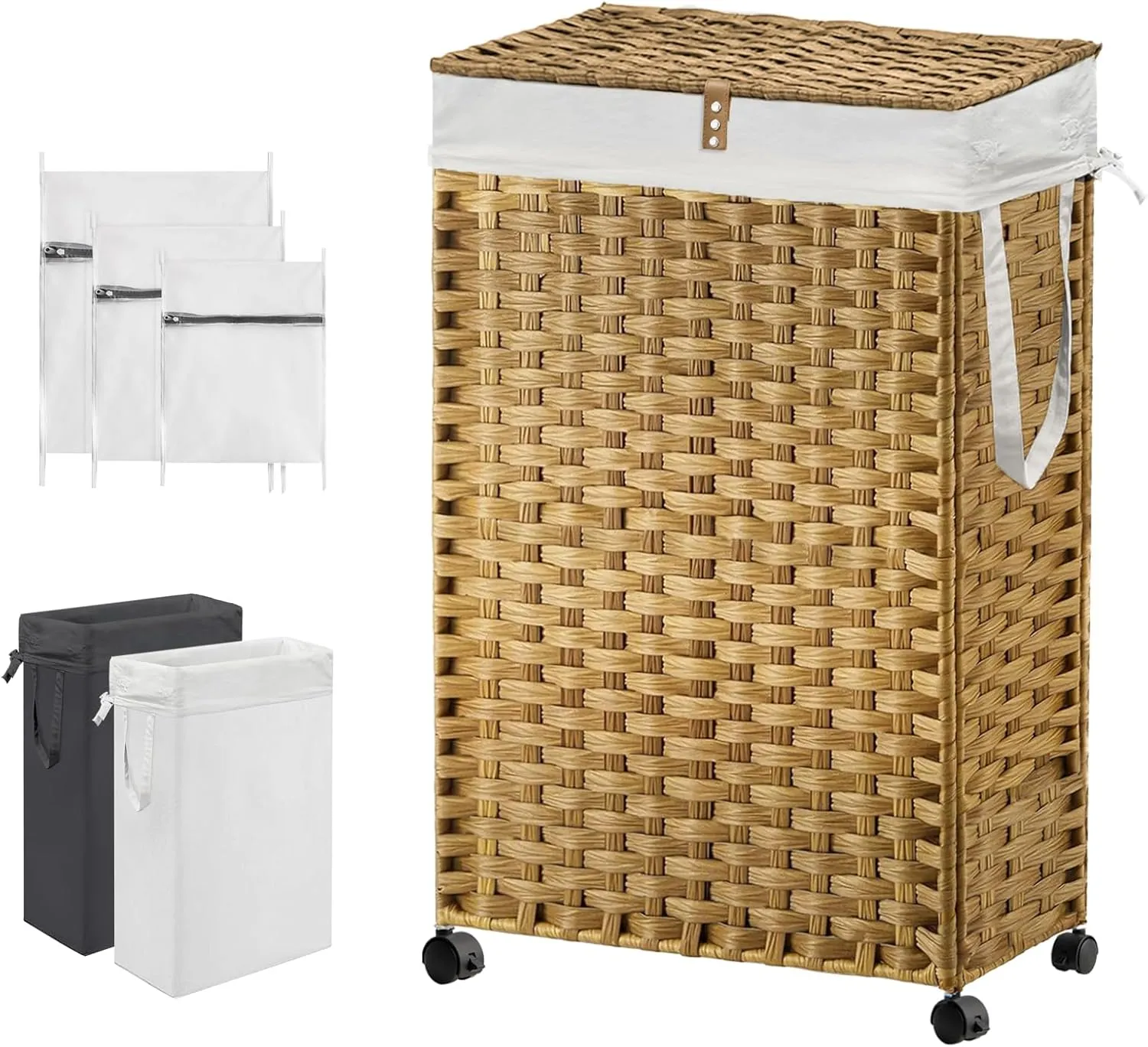 88L Slim Laundry Hamper with Wheels, 23.3 Gallon Rolling Laundry Basket with Lid, Tall and Narrow Laundry Hamper with 2 Removable Liner & 3 Mesh Laundry Bags, Laundry Sorter for Bathroom, Natural