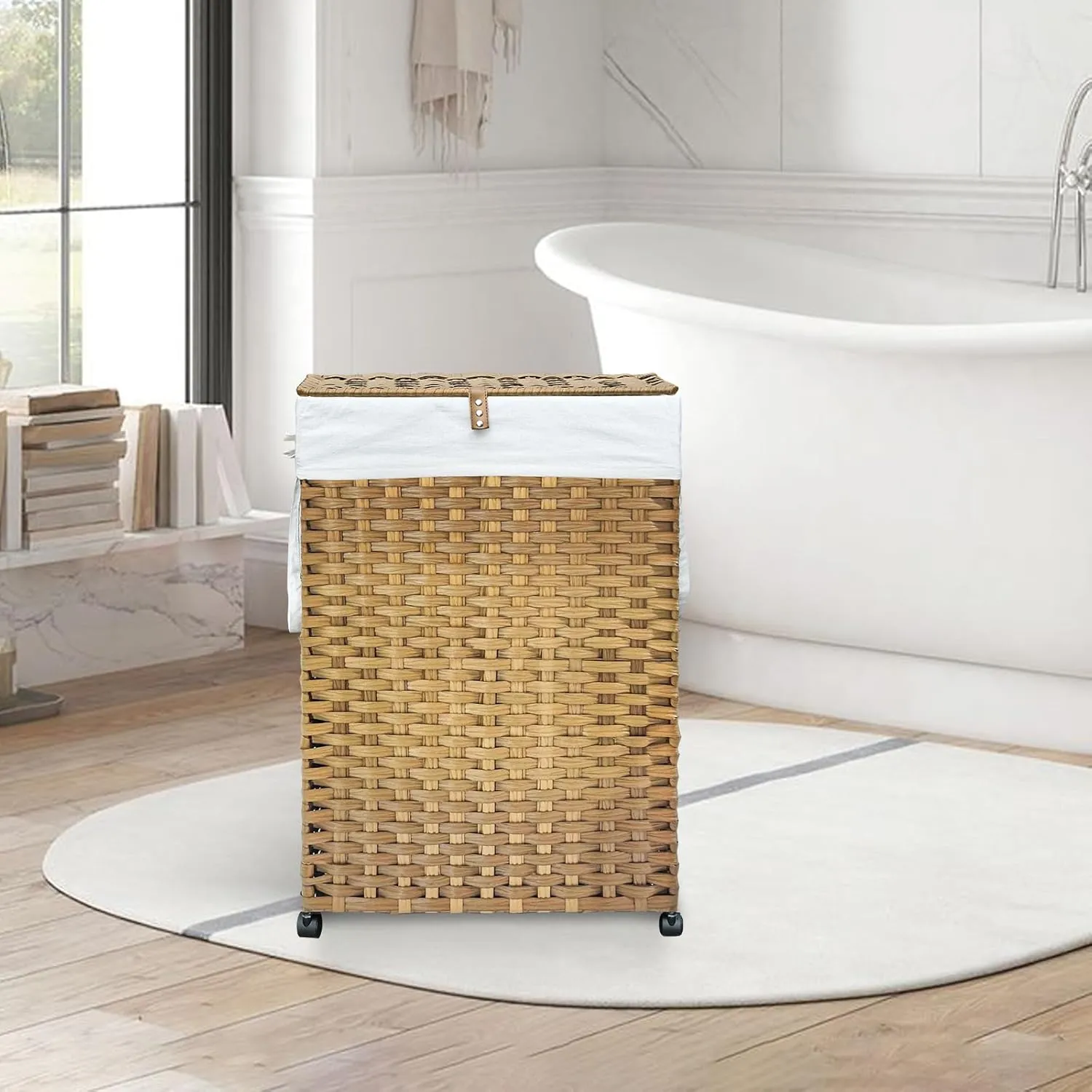 88L Slim Laundry Hamper with Wheels, 23.3 Gallon Rolling Laundry Basket with Lid, Tall and Narrow Laundry Hamper with 2 Removable Liner & 3 Mesh Laundry Bags, Laundry Sorter for Bathroom, Natural