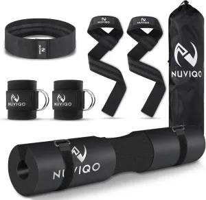 9 Pcs Gym Accessories Set Featuring Barbell Pad with 2 Safety Straps - 2 Ankle Straps for Cable Machine - 2 Weight Lifting Straps - Hip Resistance Band - Carry Bag for Hip Thrust Pad